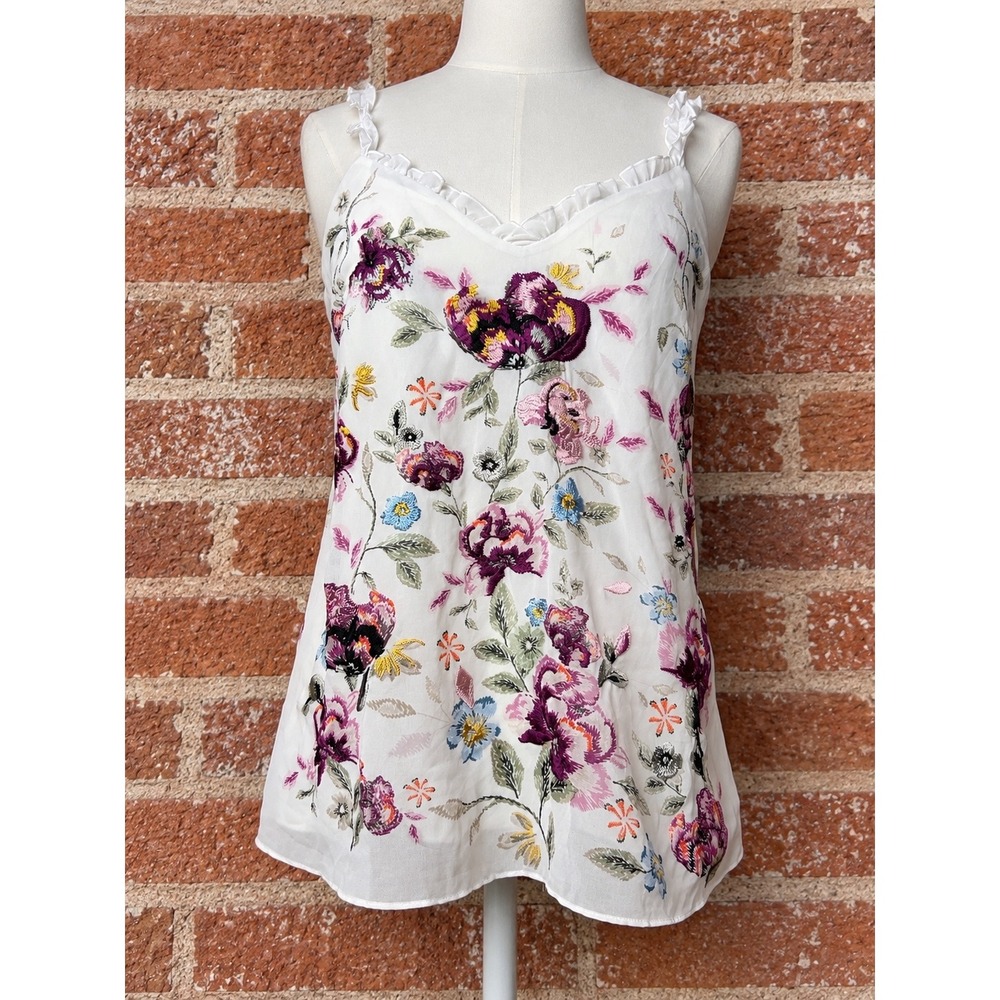 Y2K Floral Embroidered Ruffle Cami Tank Top S Cottagecore Boho Garden Whimsy